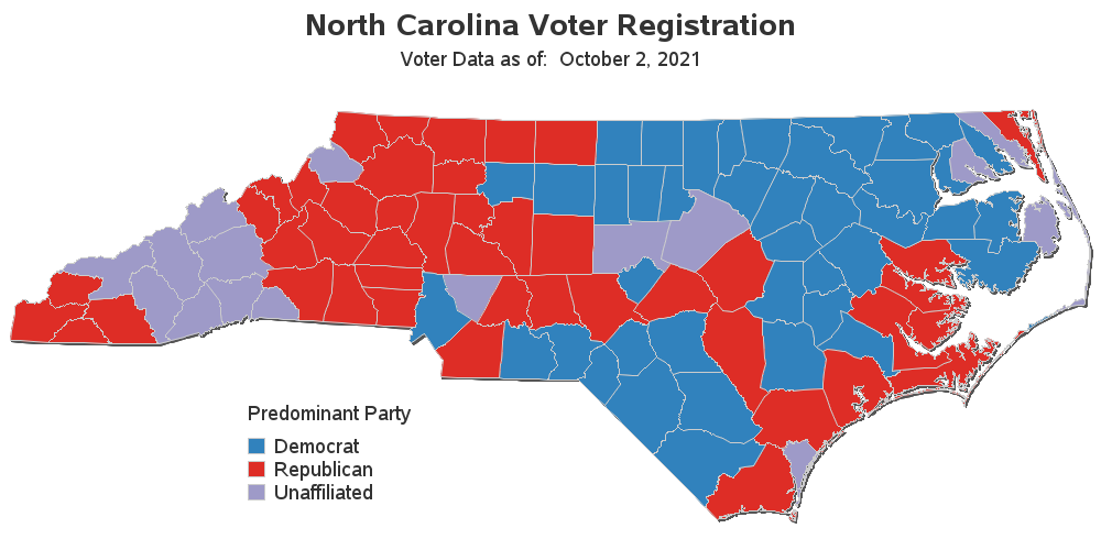 North Carolina Voter Registration Map - Democrat, Republican, Unaffiliated