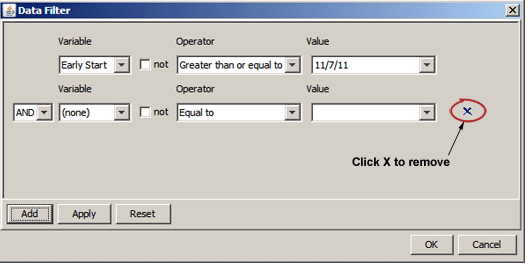 Data Filter Dialog Box with Two WHERE Clauses