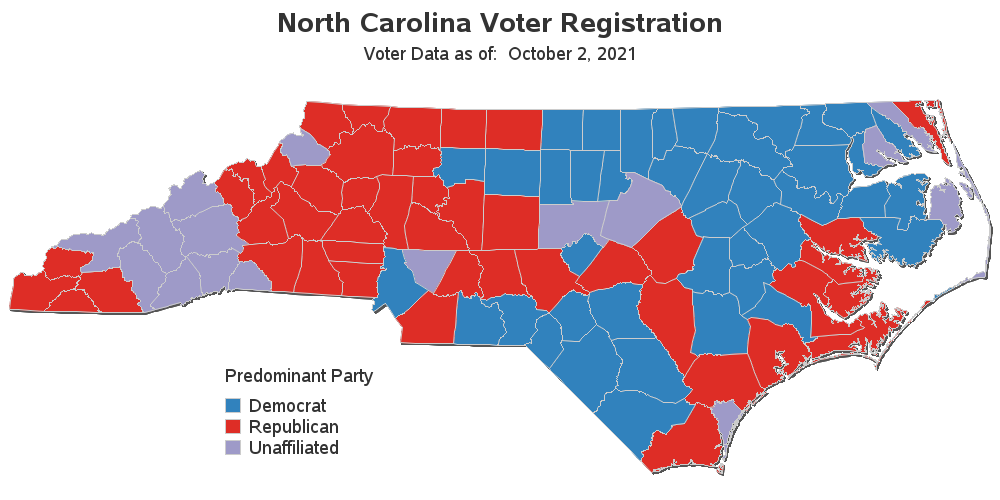 North Carolina voter registration map democrat, republican, unaffiliated